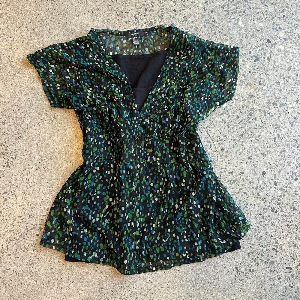 Alfani Petite Women’s S Black Green Sheer Floral Blouse Peplum Top Y2K